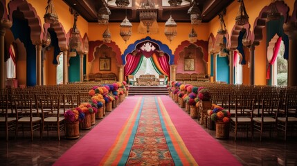 a traditional wedding setup, with vibrant colors, cultural elements, and an ambiance that reflects the rich heritage and customs of the couple