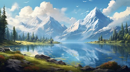 Naklejka na ściany i meble a tranquil lakeside scene, where a serene blue lake reflects the surrounding mountains, trees, and a vibrant, cloud-studded sky