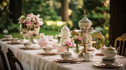 Fototapeta na wymiar a vintage garden wedding, with antique teacups, lace accents, and a nostalgic ambiance that transports guests to a bygone era of romance