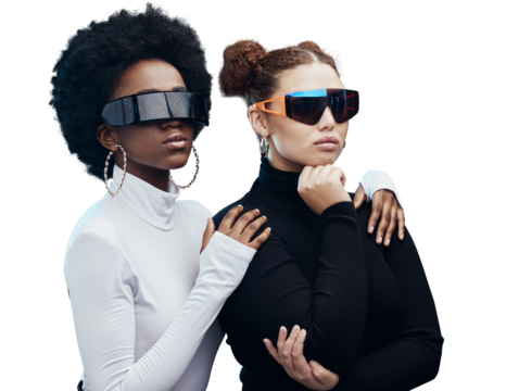 Young women, virtual reality and sunglasses with futuristic and fashion, digital world isolated on png background. Future technology, eyewear and VR headset, gen z and fantasy with style and beauty