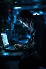 Lone hacker figure hunches over a laptop - obrazy, fototapety, plakaty