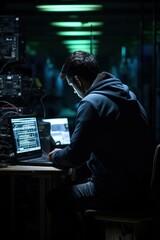 Lone hacker figure hunches over a laptop