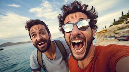 Two men taking a selfie happy