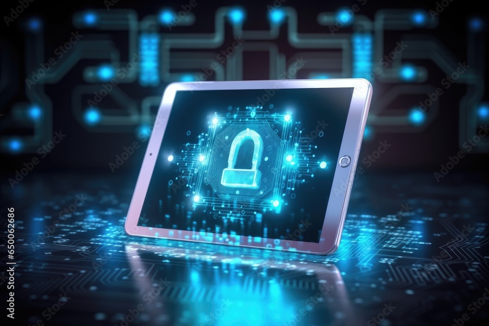 Aufkleber cyber security concept: digital tablet with padlock icon on circuit board background