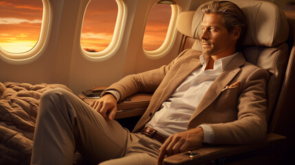 A businessman of opulence soars within the embrace of a business class haven. His surroundings exude luxury, a symphony of comfort and refinement. 