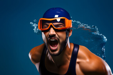 Colorful studio portrait of a fit and healthy man in swimming equipment having fun, blue and orange. Generative AI