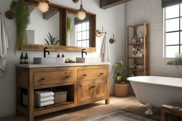 Fototapeta na wymiar A rustic bathroom with wooden vanity. Generative AI