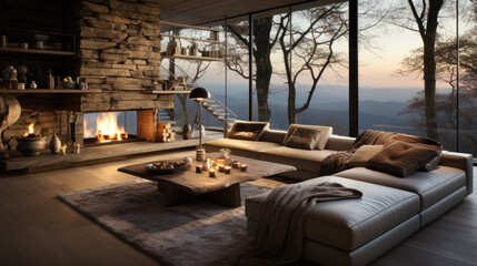 Modern living room with fireplace.