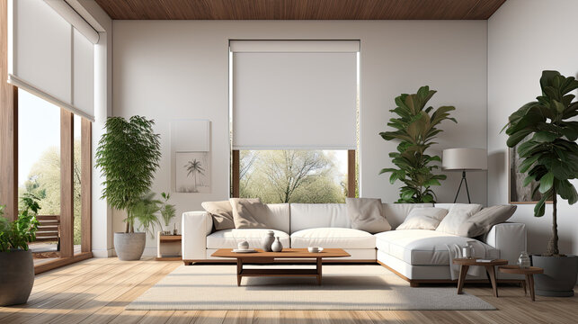 Roller blinds positioned within the indoor space. White roller shades covering the windows within the living area. A houseplants and a couch are present in the room.