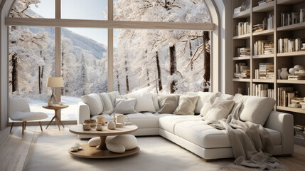 Scandinavian interior design featuring modern furniture in a white room with a winter landscape visible through the window