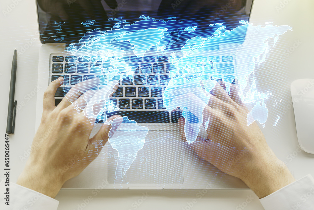 Poster multi exposure of abstract creative digital world map and hands typing on computer keyboard on backg