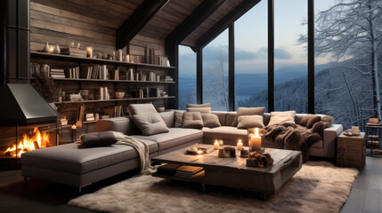 Stylish interior of living room in winter time
