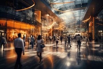 People in luxury shopping mall. motion blur. Generative AI - obrazy, fototapety, plakaty