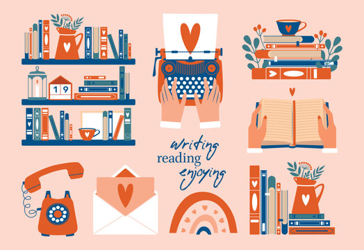 Cute collection of vector illustrations with stack of books, typewriter, bookshelf, telephone, cup, envelope, heart. Writing, reading, enjoying. World Book Day. Stickers about creating literature.