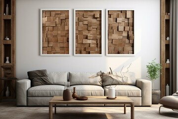 Modern farmhouse living room - earth-tone brown 3D wall art display - designer room. Generative AI