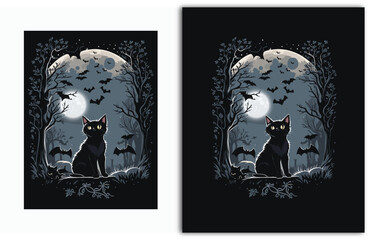 Vector halloween t-shirt design with black outlines, a cute black cat, full moon, bats flying in the sky, trees creeping trees 