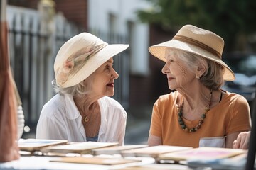 shot of two senior women having a conversation in an art class outside