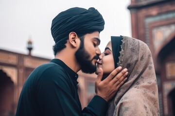 shot of a muslim man giving his girlfriend a kiss at the place where the used to pray