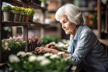 shot of a senior woman sitting down and looking at her plants in the nursery