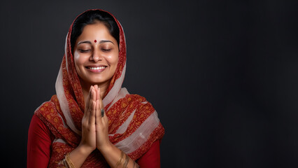 Indian Woman in red sari cloth praying, greeting diwali celebration
