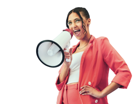Isolated woman, megaphone and scream announcement for deal, sale or promo by transparent png background. Gen z girl, bullhorn or shout for protest, voice or vote with sound, fashion or noise for news