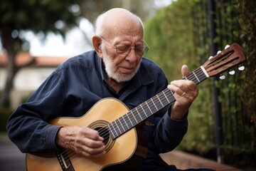 shot of a senior man playing the guitar outside