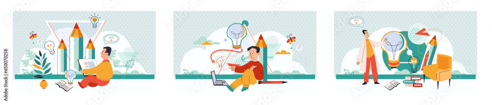 Poster online art class. e-learning, distance education. tutorials and web courses. little boy with phone, 