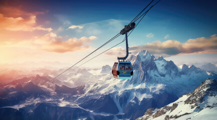 ski lift with sunlight across a snowy ski mountain - Powered by Adobe