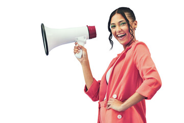 Isolated woman, megaphone and portrait with smile for deal, sale or promo by transparent png...
