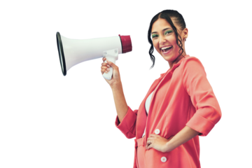 Isolated woman, megaphone and portrait with smile for deal, sale or promo by transparent png background. Gen z girl, bullhorn or shout for review, voice or vote with speech, fashion or noise for news