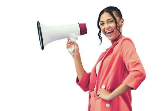 Isolated woman, megaphone and portrait with smile for deal, sale or promo by transparent png background. Gen z girl, bullhorn or shout for review, voice or vote with speech, fashion or noise for news