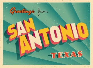 Greetings from San Antonio, Texas, USA - Wish you were here! - Vintage Touristic Postcard. Vector Illustration. Used effects can be easily removed for a brand new, clean card.