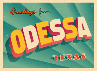 Obraz premium Greetings from Odessa, Texas, USA - Wish you were here! - Vintage Touristic Postcard. Vector Illustration. Used effects can be easily removed for a brand new, clean card.