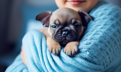 kuschelnde Frau mit kleinen Welpen auf dem Arm
