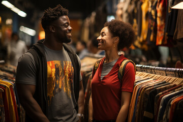 Fototapeta premium Side view of African couple shopping in clothing department of mall