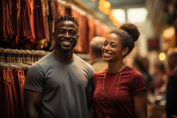 Obraz premium Side view of African couple shopping in clothing department of mall