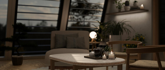 A coffee table in a modern and comfortable living room at night.