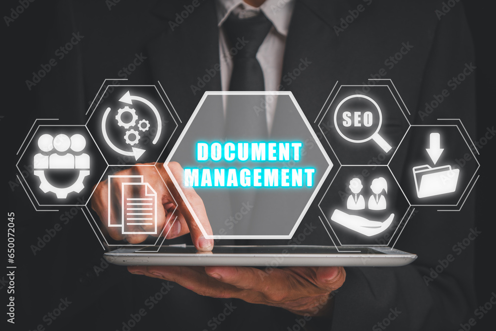 Poster document management concept, businessman using digital tablet with document management icon on virtu