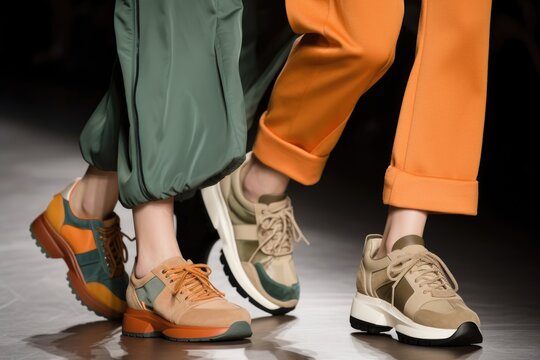 a cropped view of a fashion models feet holding sneakers in a catwalk show
