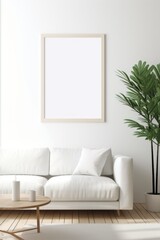 Living room with a blank empty mockup painting frame on a wall