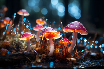 Psilocybin-containing hallucinogenic mushrooms can be found in the forest, illuminated by a mystical and enchanting light - obrazy, fototapety, plakaty