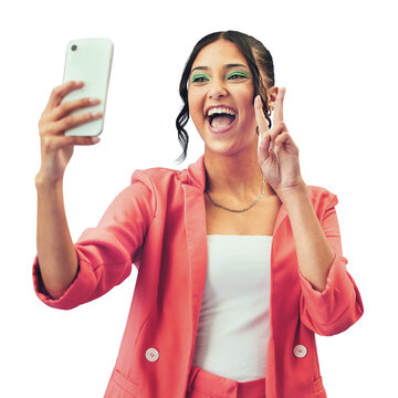 Isolated woman, selfie and excited with peace sign for fashion, makeup or web blog by transparent png background. Gen z girl, influencer or icon for memory, photography or profile picture in clothes