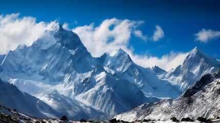 Panoramic view of snow covered mountains in Cordillera Blanca, Peru