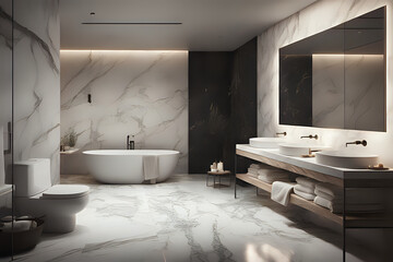 A contemporary bathroom with white porcelain sinks and luxury marble walls