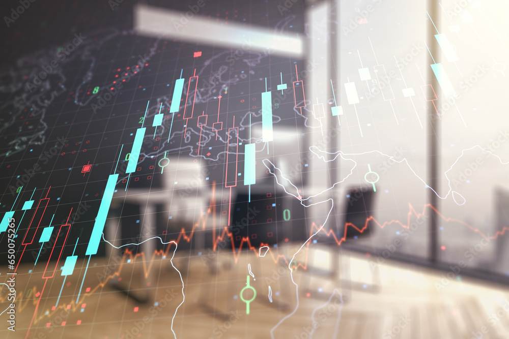 Poster multi exposure of abstract creative financial chart with world map and modern desktop with laptop on