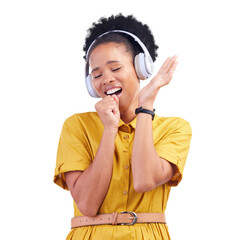 Headphones, happy and young black woman singing and listening to music, playlist or radio. Smile,...