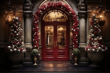Front door decorate with Christmas theme and new year festival. Generative AI - obrazy, fototapety, plakaty