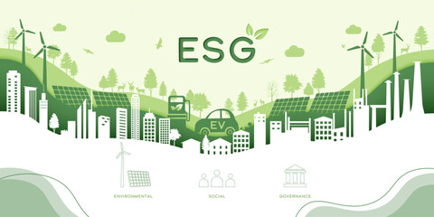 ESG as environmental social and governance concept.Green ecology and alternative renewable energy.Paper art Vector illustration.