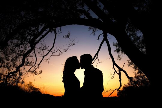 silhouette of a young couple enjoying each other outside in nature
