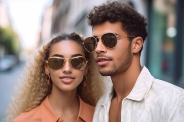 cropped shot of a young couple wearing fashionable eyewear outside